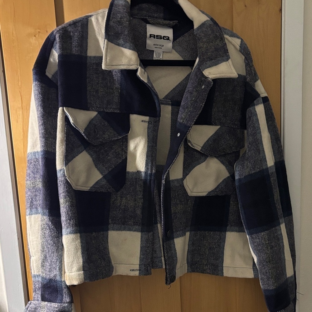 RSQ Navy and Cream Plaid Jacket